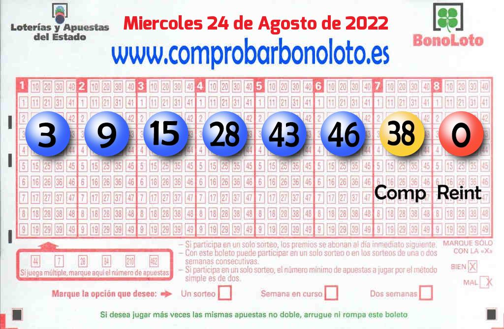 Bonoloto del Miércoles 24 de Agosto de 2022