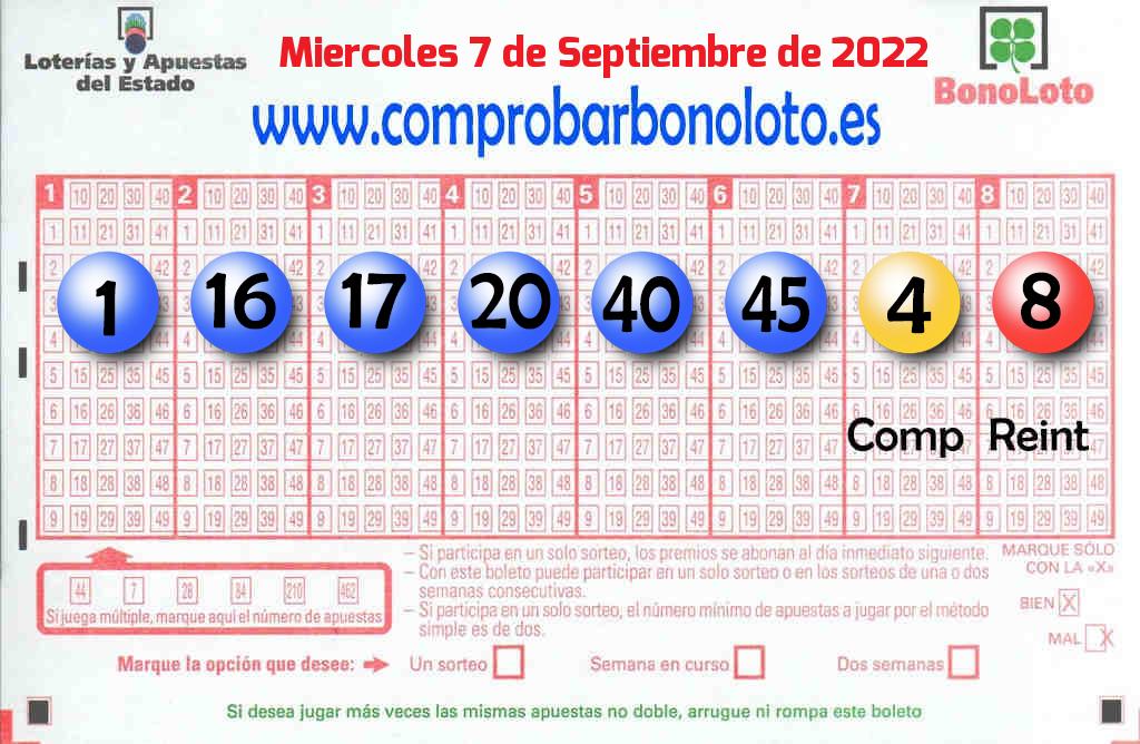 Bonoloto del Miércoles 7 de Septiembre de 2022