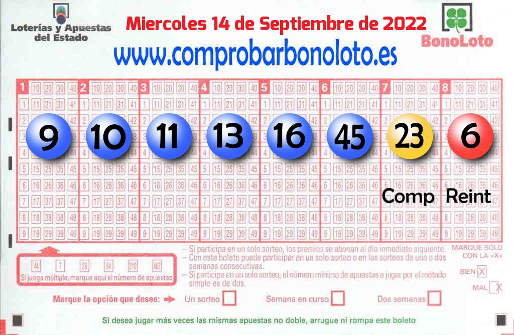Bonoloto del Miércoles 14 de Septiembre de 2022