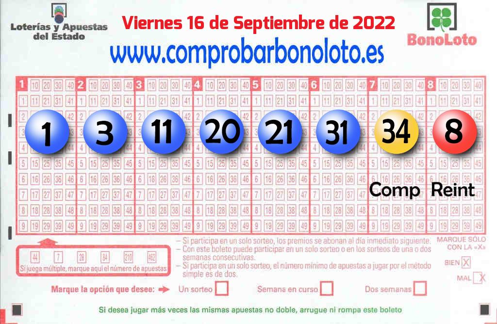 Bonoloto del Viernes 16 de Septiembre de 2022