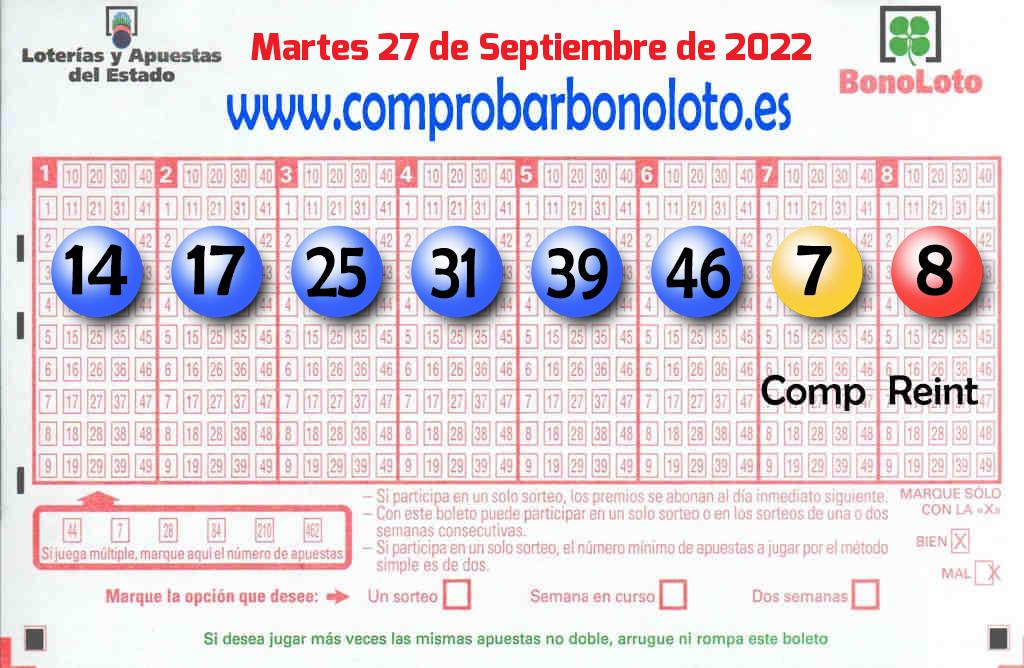 Bonoloto del Martes 27 de Septiembre de 2022