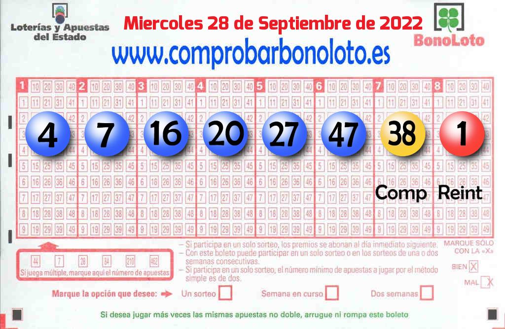 Bonoloto del Miércoles 28 de Septiembre de 2022