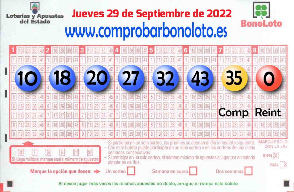 Bonoloto del Jueves 29 de Septiembre de 2022