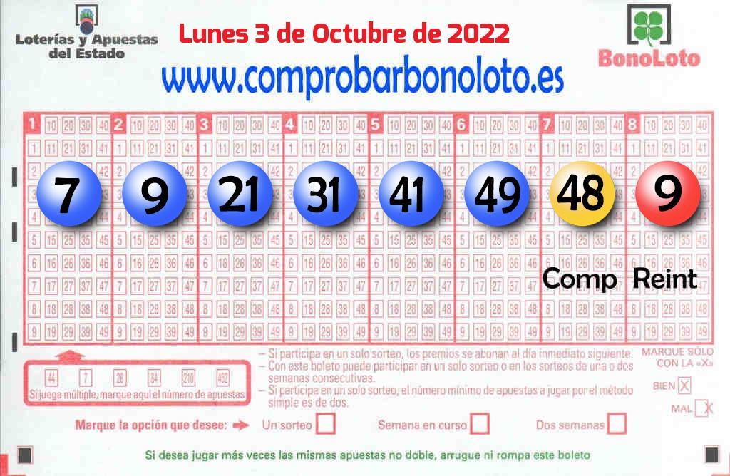 Bonoloto del Lunes 3 de Octubre de 2022