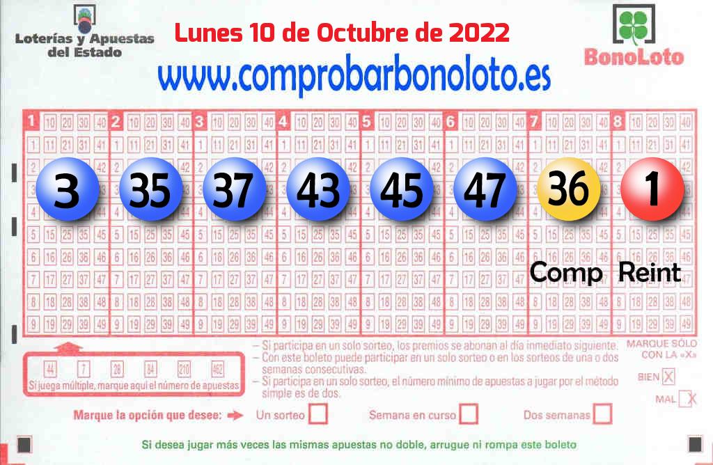 Bonoloto del Lunes 10 de Octubre de 2022