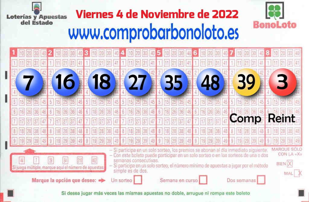 Bonoloto del Viernes 4 de Noviembre de 2022