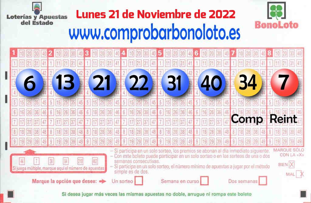Bonoloto del Lunes 21 de Noviembre de 2022