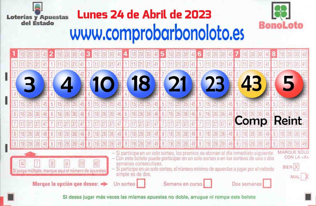 Bonoloto del Lunes 24 de Abril de 2023