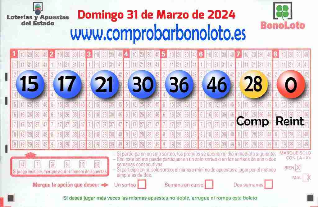 Bonoloto del Domingo 31 de Marzo de 2024