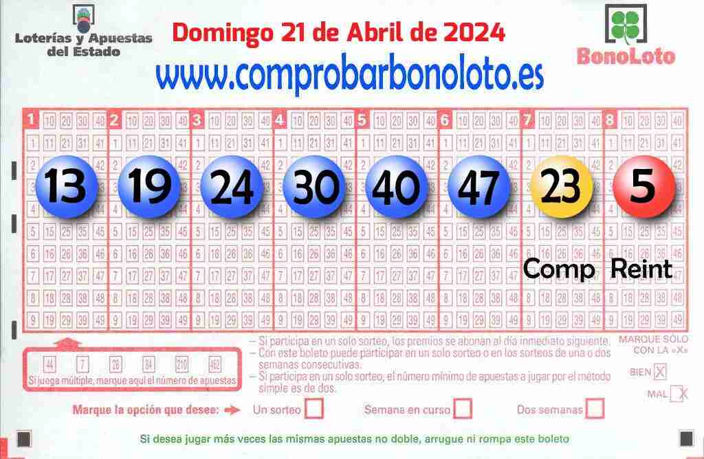 Bonoloto del Domingo 21 de Abril de 2024
