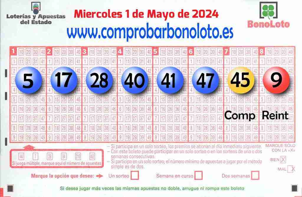 Bonoloto del Miércoles 1 de Mayo de 2024