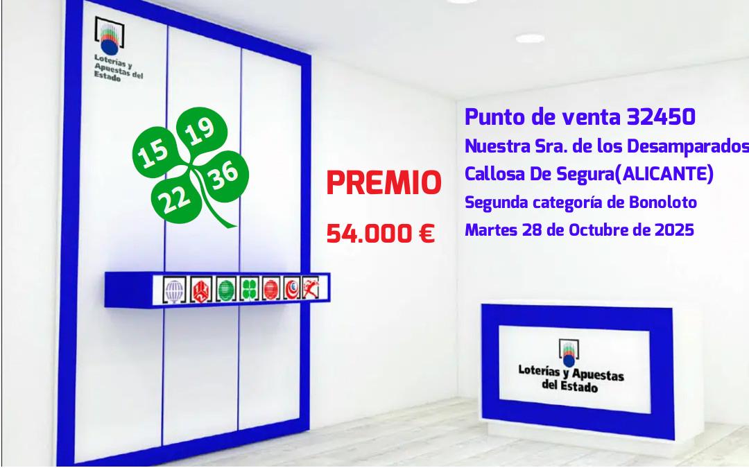 Vendido en Callosa De Segura el segundo premio de La Bonoloto, dotado con 54.000 euros. Martes 28 de octubre Imagen de la noticia 1 de la bonoloto de hoy